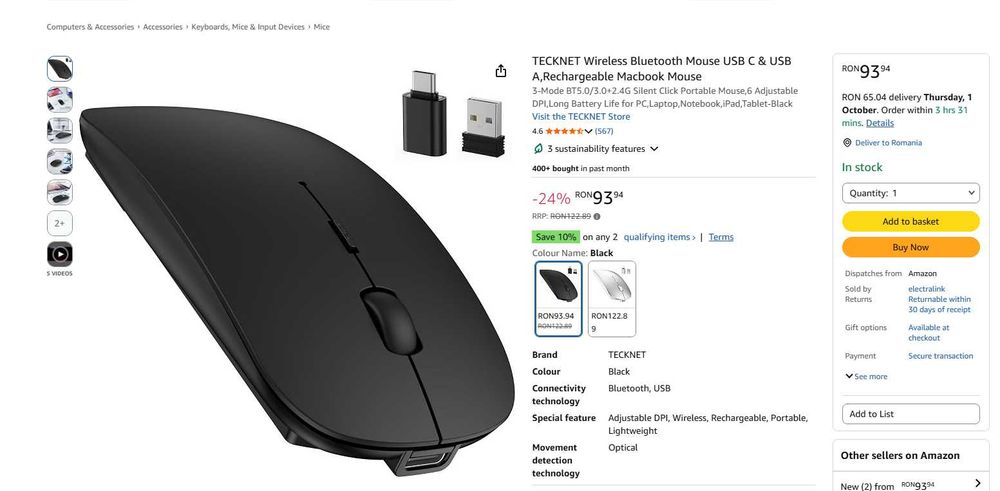 Mouse Wireless, Acumulator, 3 moduri conectare, 4800 DPI, NOU