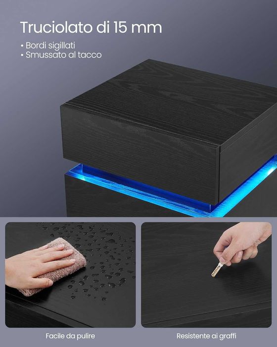 Noptiera cu iluminare LED, Vasagle, 3 sertare, 25 culori, negru