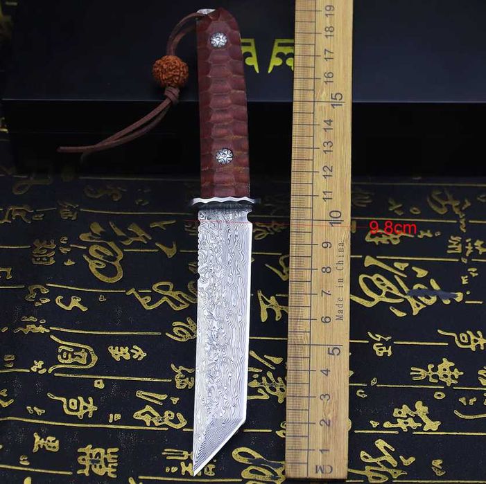 Cutit japonez Tanto, otel Damasc Full Tang, teaca piele