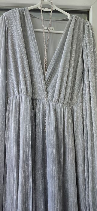 Rochie dama, argintie, eleganta, mâneci despicate, fluida, M-L