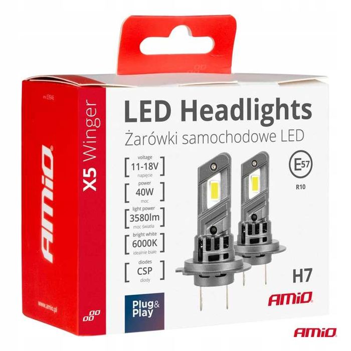 Комплект 2бр. LED Диодни крушки AMIO H7 40W 6000k 12V