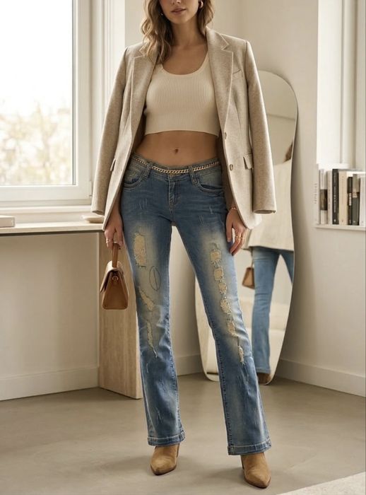 Blugi Rupti Evazati de dama cu talie joasa