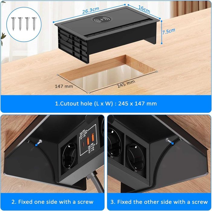Прибиращ се разклонител с USB C PD 20 W, 3-полюсен контакт