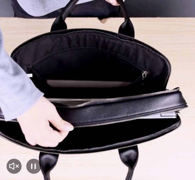 Мъжка елегантна чанта за лаптоп 15”/Офис куфарче от черна естест. кожа