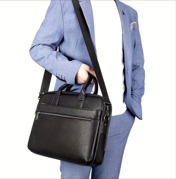 Мъжка елегантна чанта за лаптоп 15”/Офис куфарче от черна естест. кожа