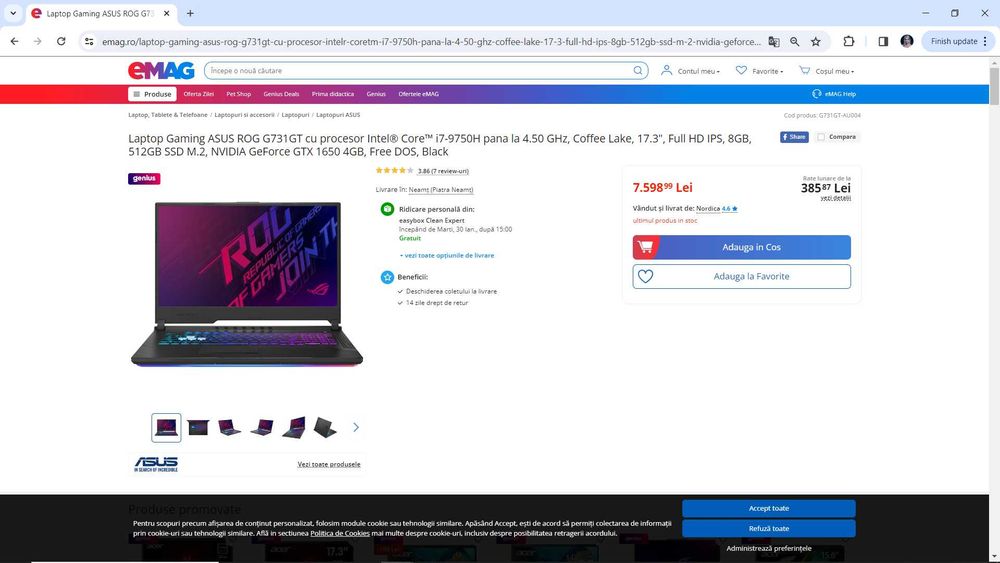 Laptop gaming Asus strix ,intel core i7-hexa core, ram 16 GB, 144 HZ