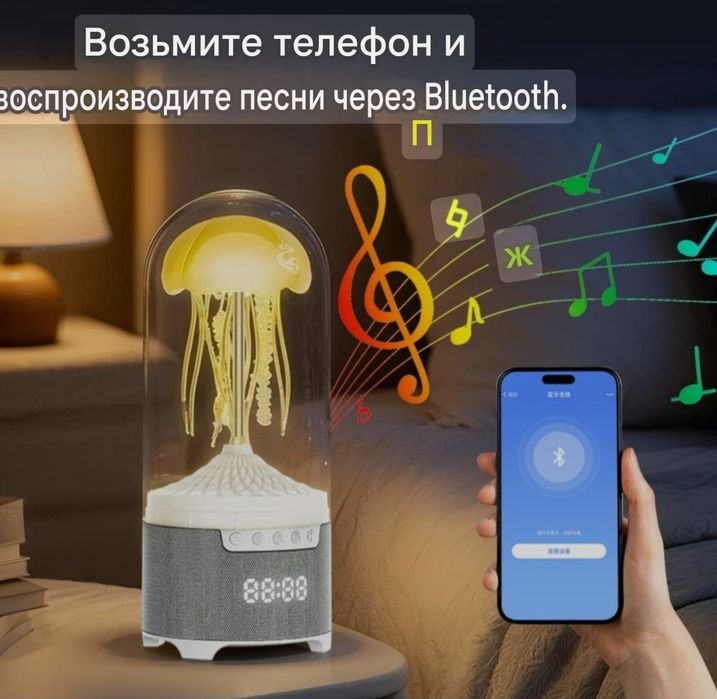 Светодиодная лампа ночник медуза колонка с часами беспроводная