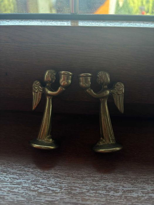 Set cinci ingerași identici/suporturi lumânărele/bronz masiv/7,2cm.