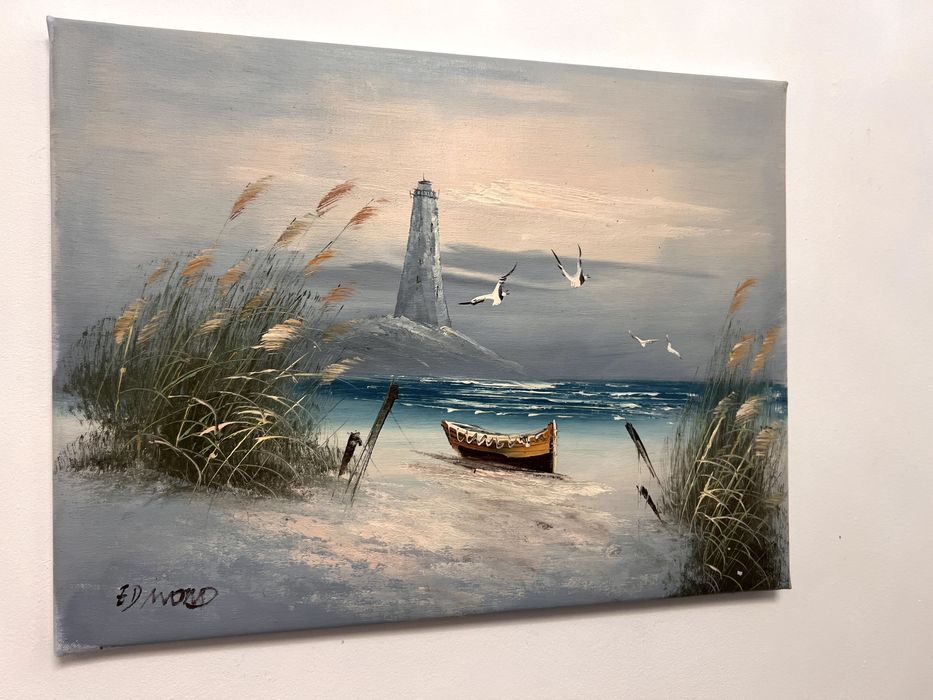 Pictura in ulei pe panza ce reprezinta o atmosferă de coastă liniștită, culori calde de apus