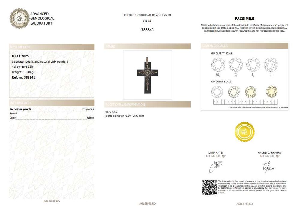 Pandantiv cruce din onix, decorat cu perle