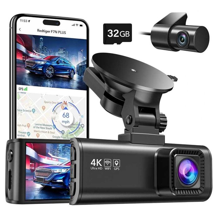 Dashcam Camera auto de bord fata-spate REDTIGER F7NP 4K si FHD WiFi Night Vision 170 ecran IPS 3.18" GPS Card 32GB Inclus