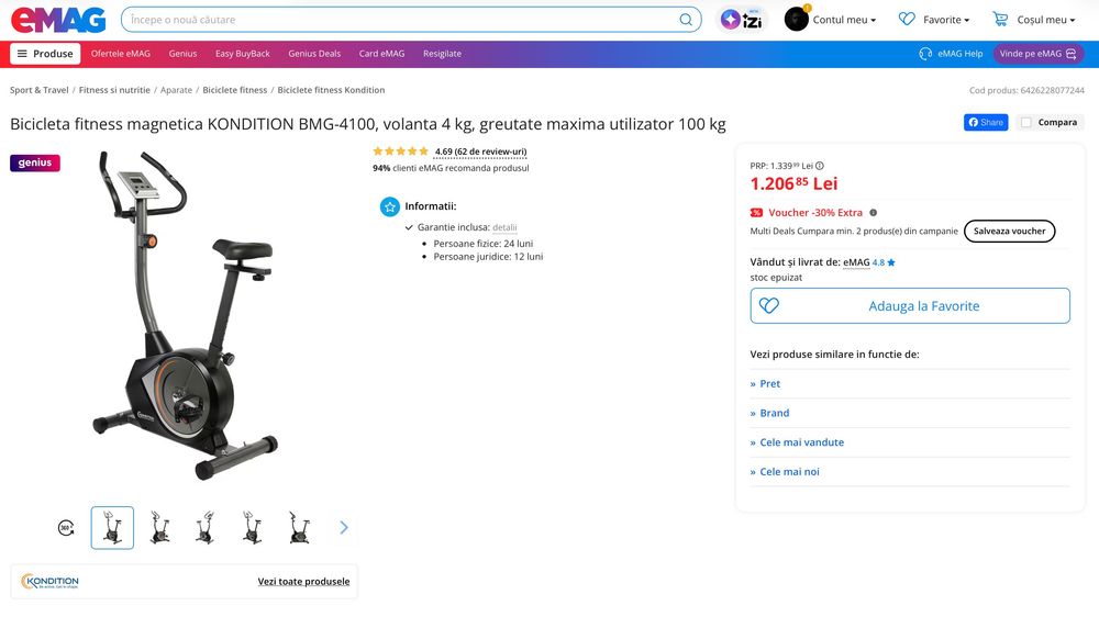 Bicicleta fitness magnetica KONDITION BMG-4100, volanta 4 kg