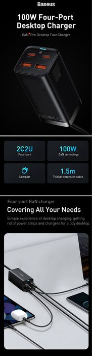 Baseus 100W GaN³ Pro 2U+2C Charger Desktop Laptop Fast Charger 4 in 1