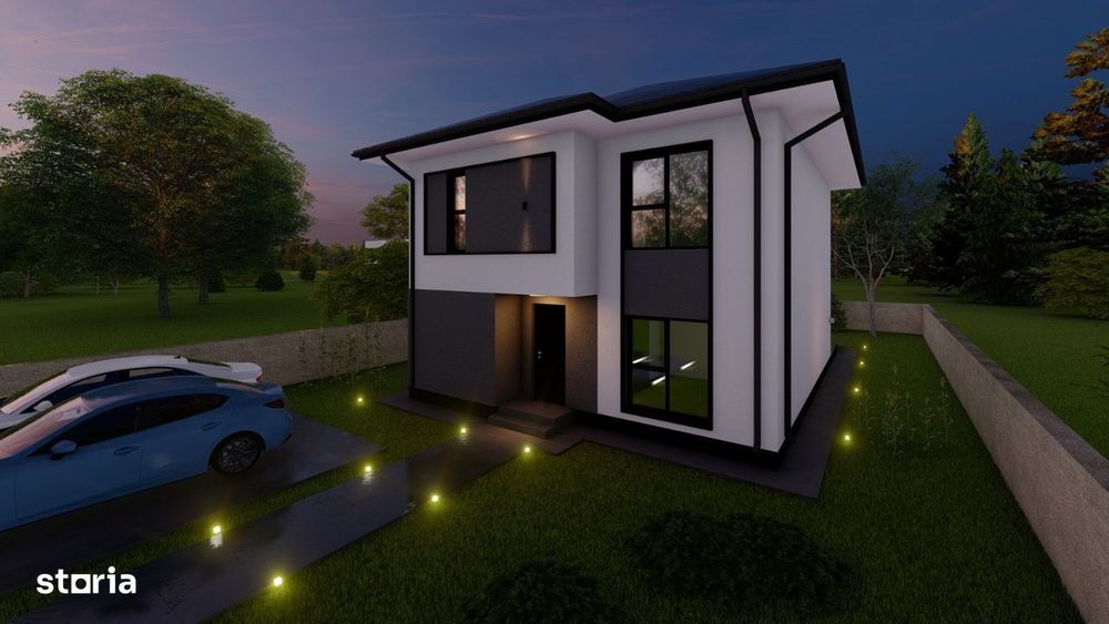 Casă individuală cu dormitor la parter și trei dormitoare la etaj.