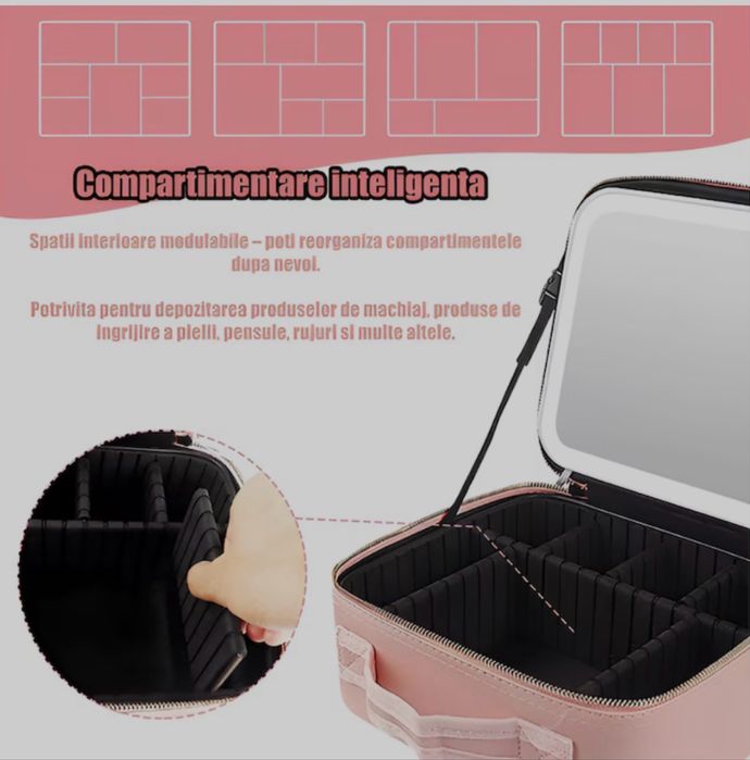 Geanta Machiaj Roz QUANTIM cu Oglinda Led 4K detasabila,Iluminare 3 Trepte, Compartimente Reglabile, Organizator Cosmetice Travel,Buzunar Pensule