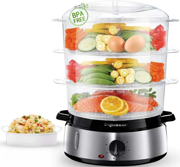 Aigostar steamer cu timer, 9L, 3 nivele, 800W, inox, argintiu-negru