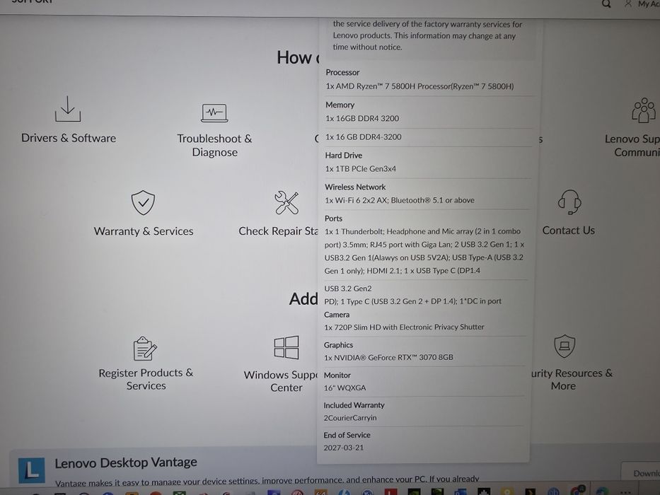 Лаптоп Lenovo Legion 16ACH6H RTX 3070 8 GB, 32GB RAM, 2 TB SSD, RYZEN 7 5800H.