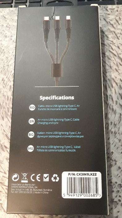 Cablu date/incarcare, 3 in 1 , NOU/ Sigilat.