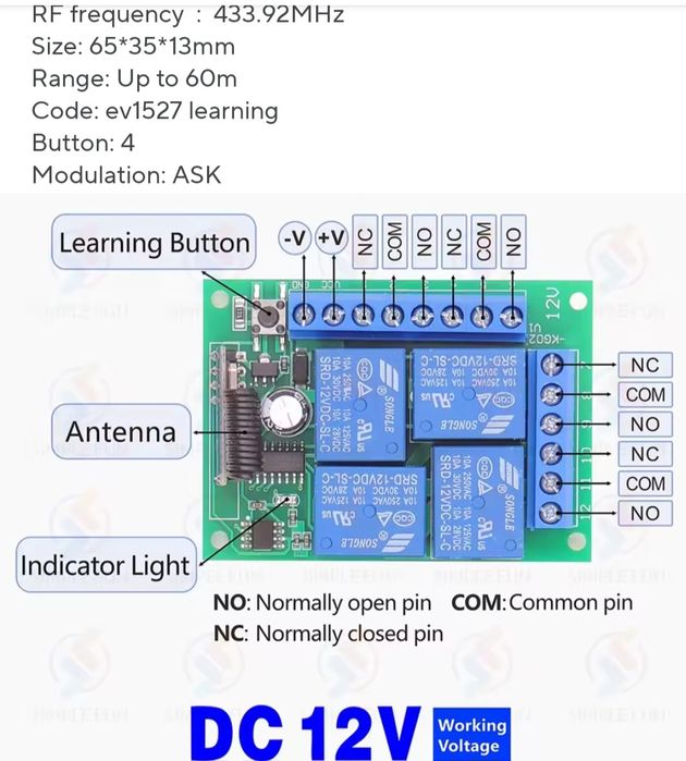 Comutator telecomandat cu releu wireless 433MHz, 4 canale, DC 12V.  Cu 3 telecomenzi.