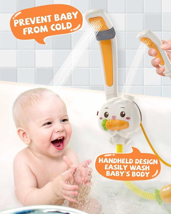 Електрически душ-играчка за баня с помпа, заек с вендузи и 2 душ глави