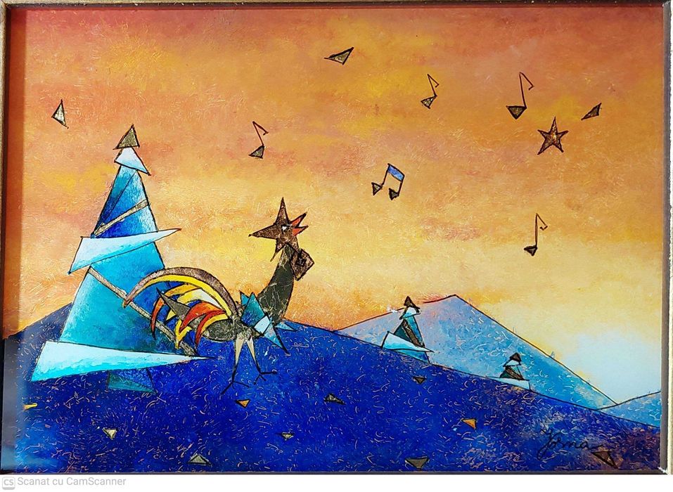 Tablou,pictură, miniatură pe sticlă, idee  cadou,cocoș