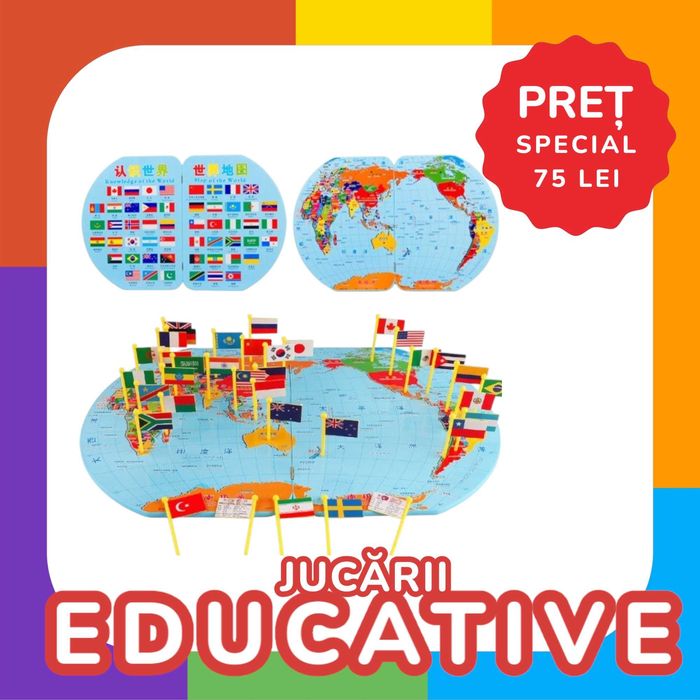 Harta Lumii din lemn cu 36 steaguri