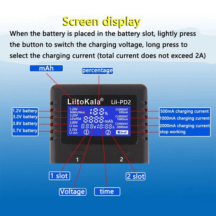 Интелигентно зарядно за 2 батерии Liitokala LII-PD2