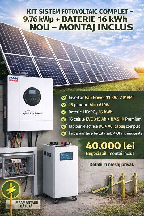 Kit fotovoltaic hibrid NOU 11 kW Panpower+16×Aiko 610W+baterie 16kww