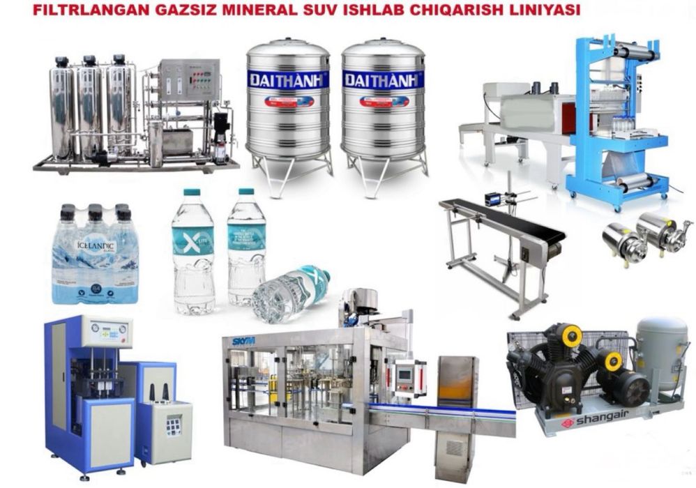 Филтерланган газсиз сув ишлаб чикариш линияси 0,5/1/1,5/5/10л