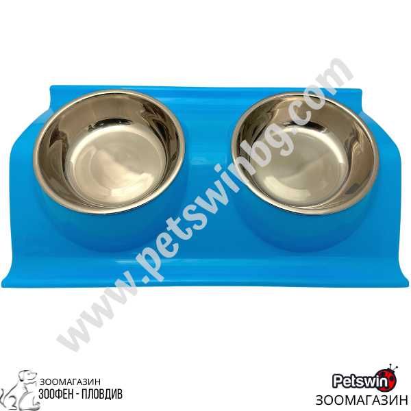 Двойна Купа с Поставка - за Куче/Коте - 2x200ML - Синя разцветка