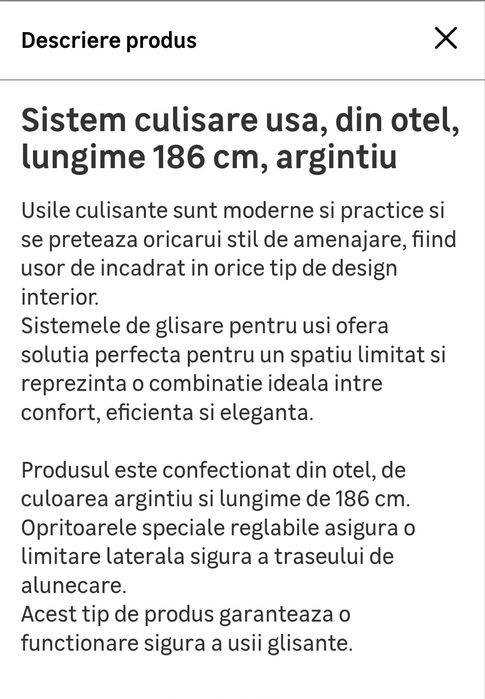 Sistem de culisare ușă, oțel, 186 cm lungime