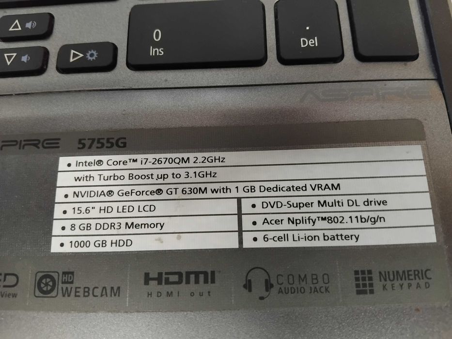 ACER ASPIRE 5755G, intel Core i7,8GB DDR 3, 1000 GB HDD
