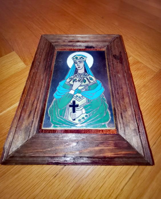 Антикварна икона емайлиран метал в дървена рамка ръчно изработена