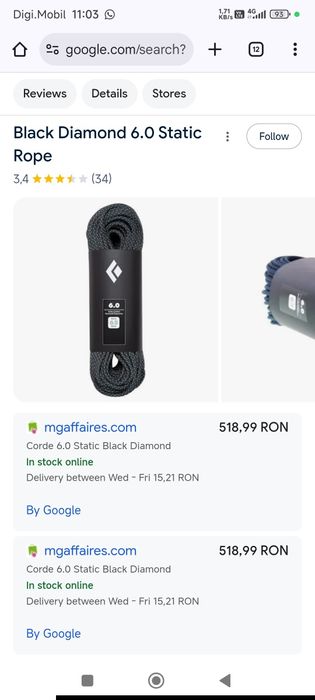 Frânghie statică ultra-subțire.  Black Diamond 6.0 Static