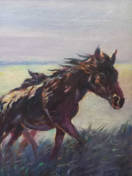 A. Bellomi – „Cai urcând un deal” – ulei pe placaj, 35 × 50 cm