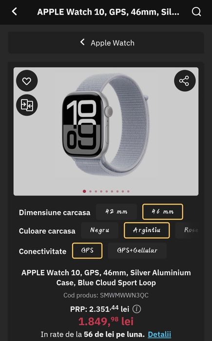 Apple Watch Series 10 – 46mm – Culoare Silver
Stare: Nouă, nefolosită