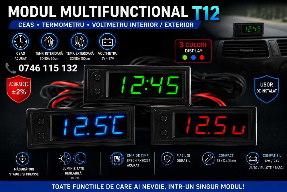 Modul Electronic Digital 4 în 1 – Voltmetru + Termometru + Ceas – Afișează Tensiunea Acumulatorului, Temperatura Interioară și Exterioară, Ora – T12