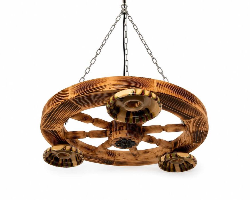 Lustră rustică din lemn masiv tip roată de căruță - 3 becuri