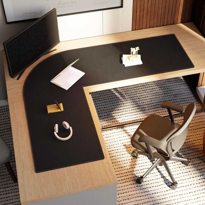 ZORESYN L-образна подложка от изкуствена кожа за бюро, 157×60 см,черна