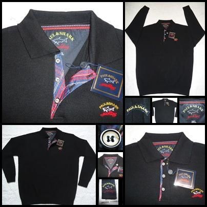 Pulover negru barbati 3 nasturi guler polo lana pura virgina P & Shark