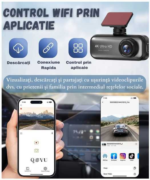 Camera de bord auto DVR, inregistrare video 4K UHD, cu Vedere Nocturna