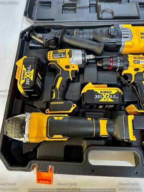 DeWALT 18V XR 4-в-1 комплект с 3 батерии 5Ah, зарядно и куфари. Професионални машини, подходящи за строителство и ремонт.
