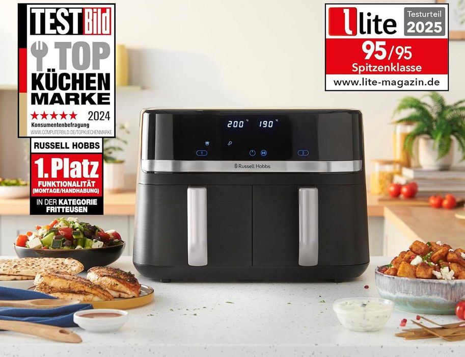 Фритюрник с горещ въздух Russell Hobbs SatisFry 27681-56, 2 отделения, 9 л, бърз, с горещ въздух [2 отделения по 4,5 литра всяко, много тиха работа