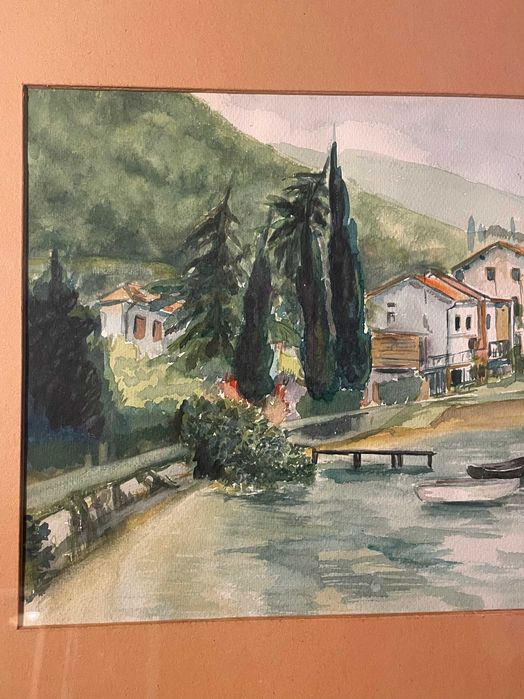 Tablou vechi original, acuarelă pe hârtie, peisaj cu bărci, an 1977, înrămat, semnat