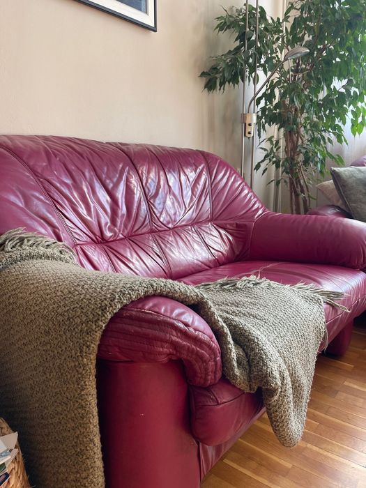 Дивани от естествена кожа 2бр. в цвят вишна/бургунди