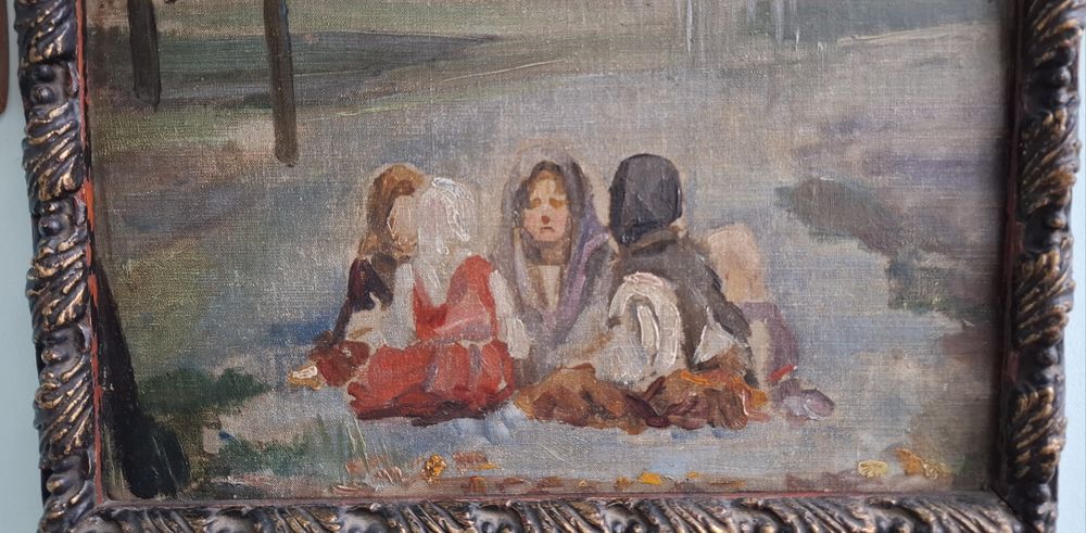 Tablou vechi, autentic, fete la sezatoare, ulei