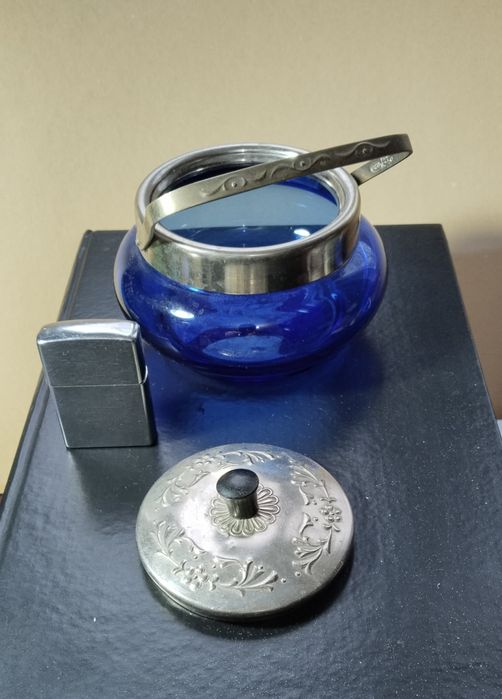 Сахарница старинная, мельхиор, стекло