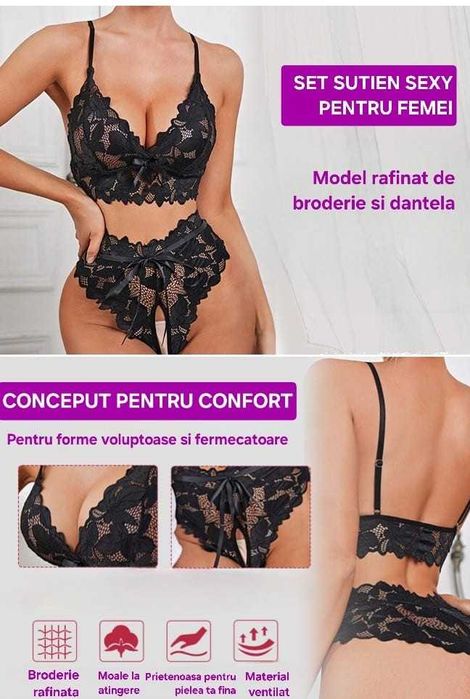 Set de lenjeria sexy erotica, material din dantela, 2 piese, M,  Negru