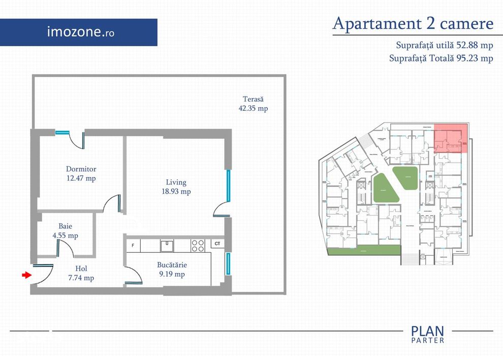 2 camere 52 mp+42 mp terasa, parter, Bloc finalizat, centrala