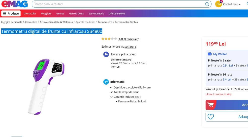 Termometru digital frunte infrarosu Simbio SB4800 NOU sigilat medical